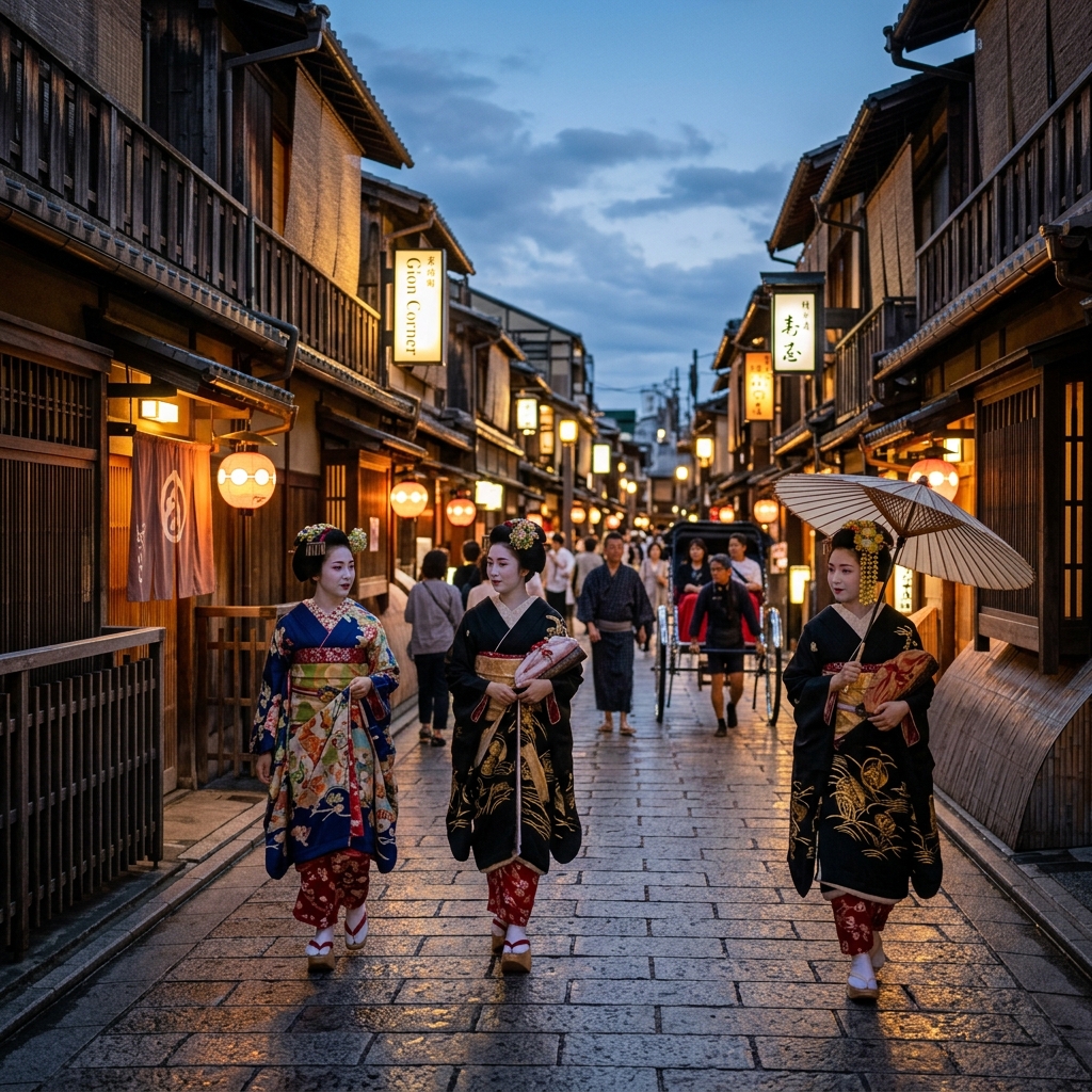 Hanamikoji Street in Kyoto's Gion district lit by lanterns at dusk