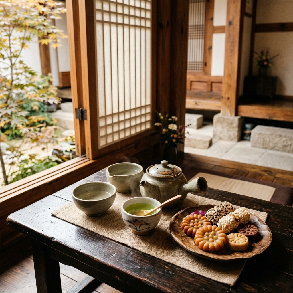 A traditional Korean tea set on a wooden table in a peaceful hanok teahouse