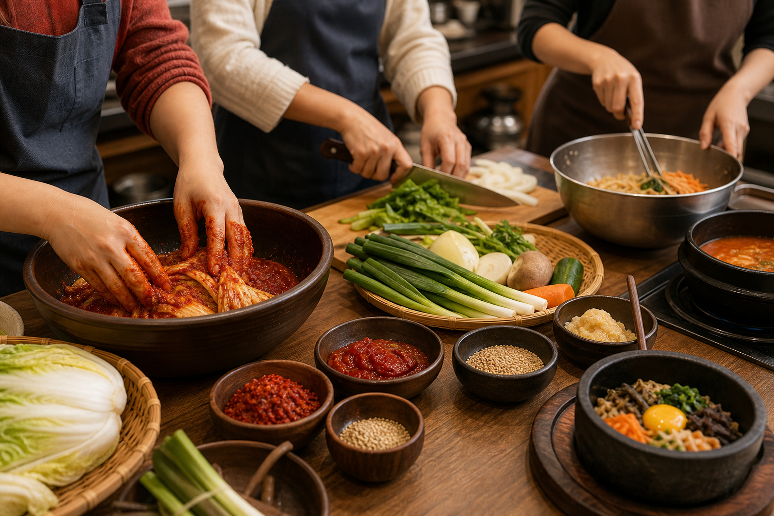 A Korean cooking class setting with ingredients and a prepared workstation