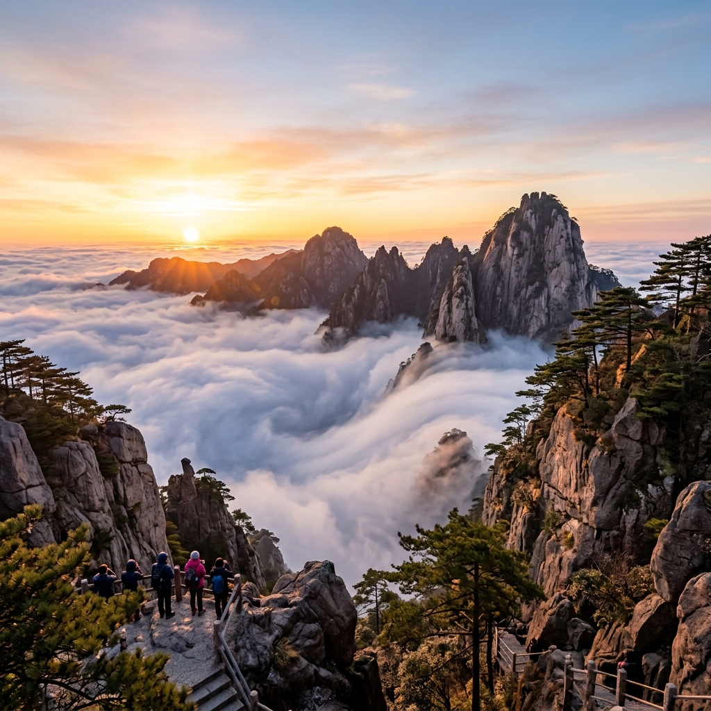 Alt text of Huangshan's iconic sunrise over a sea of clouds