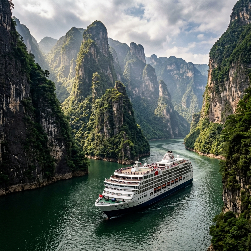A cruise ship navigating the majestic Three Gorges of the Yangtze River, with lush green mountains and dramatic cliffs rising on either side under a clear blue sky.