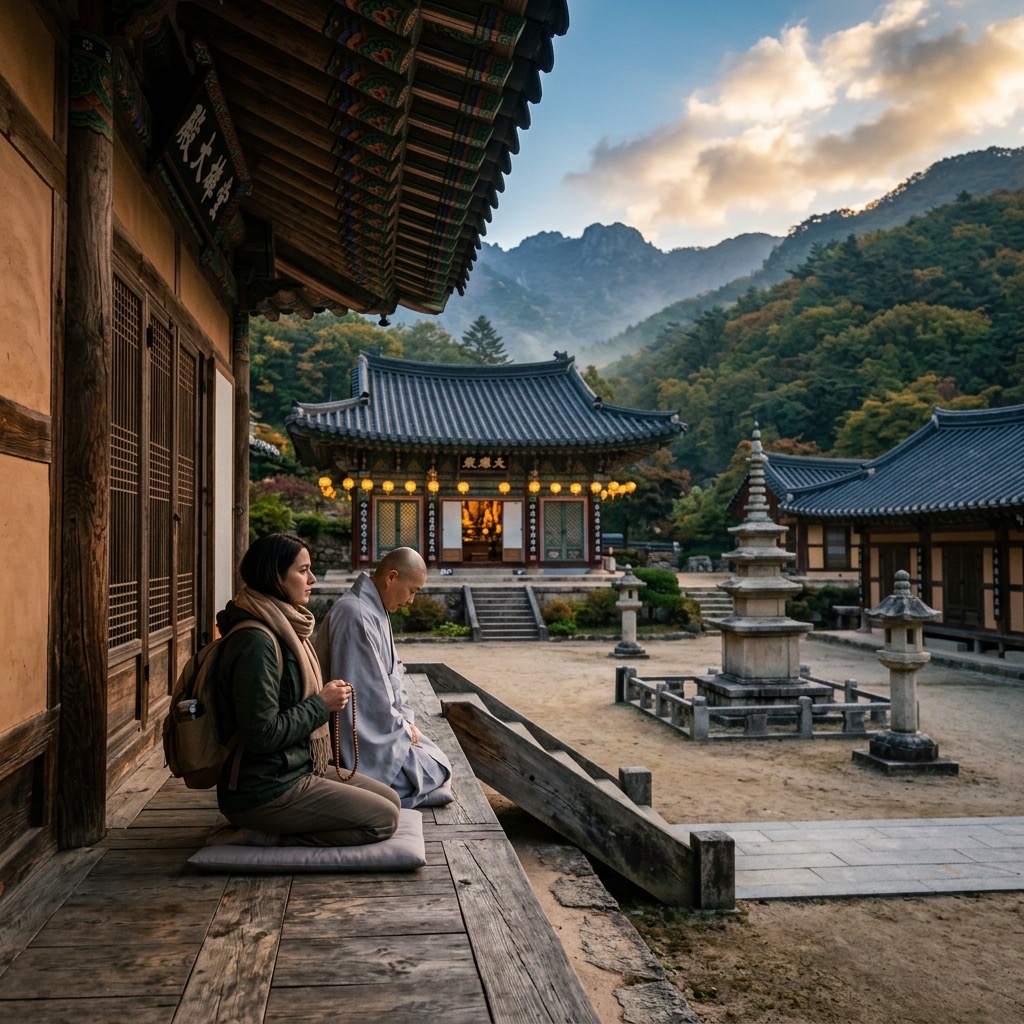 Korean temple stay morning courtyard with lanterns