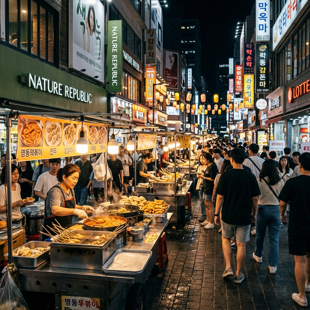 Myeongdong street food stalls lit up at night in Seoul