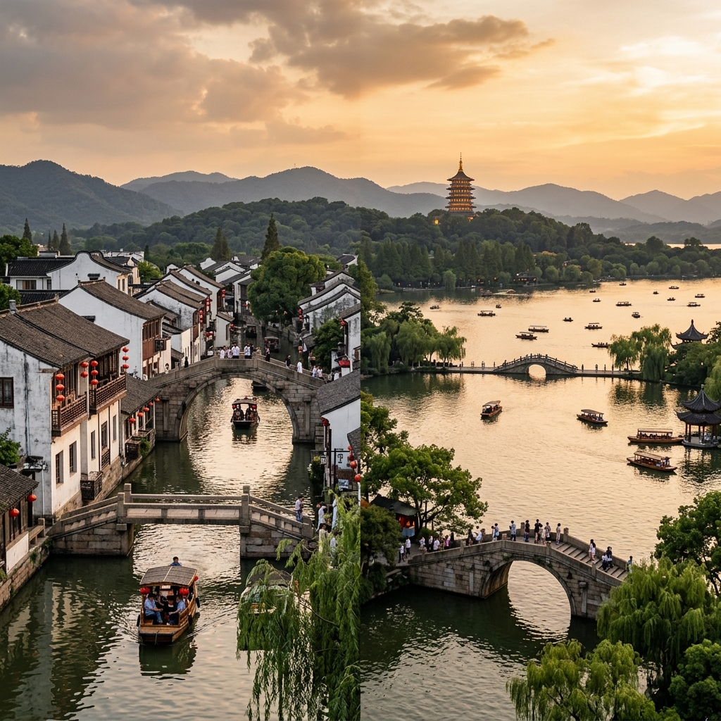 A serene traditional Chinese canal scene in Suzhou with gondola-like boats and old stone bridges, illuminated by soft lights at dusk.