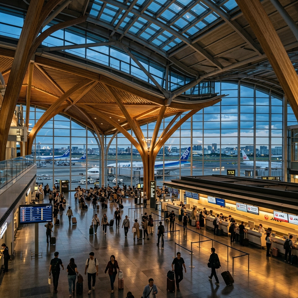 Travelers with luggage in an airport