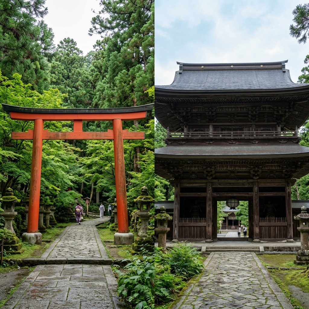 A comparison of a Shinto Torii gate and a Buddhist Temple gate in Japan