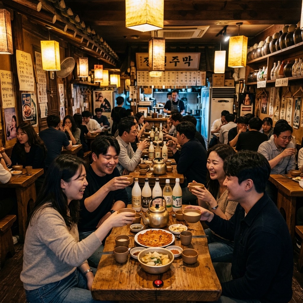 A cozy, dimly lit traditional Korean makgeolli bar with various makgeolli bottles and small dishes on a wooden table.