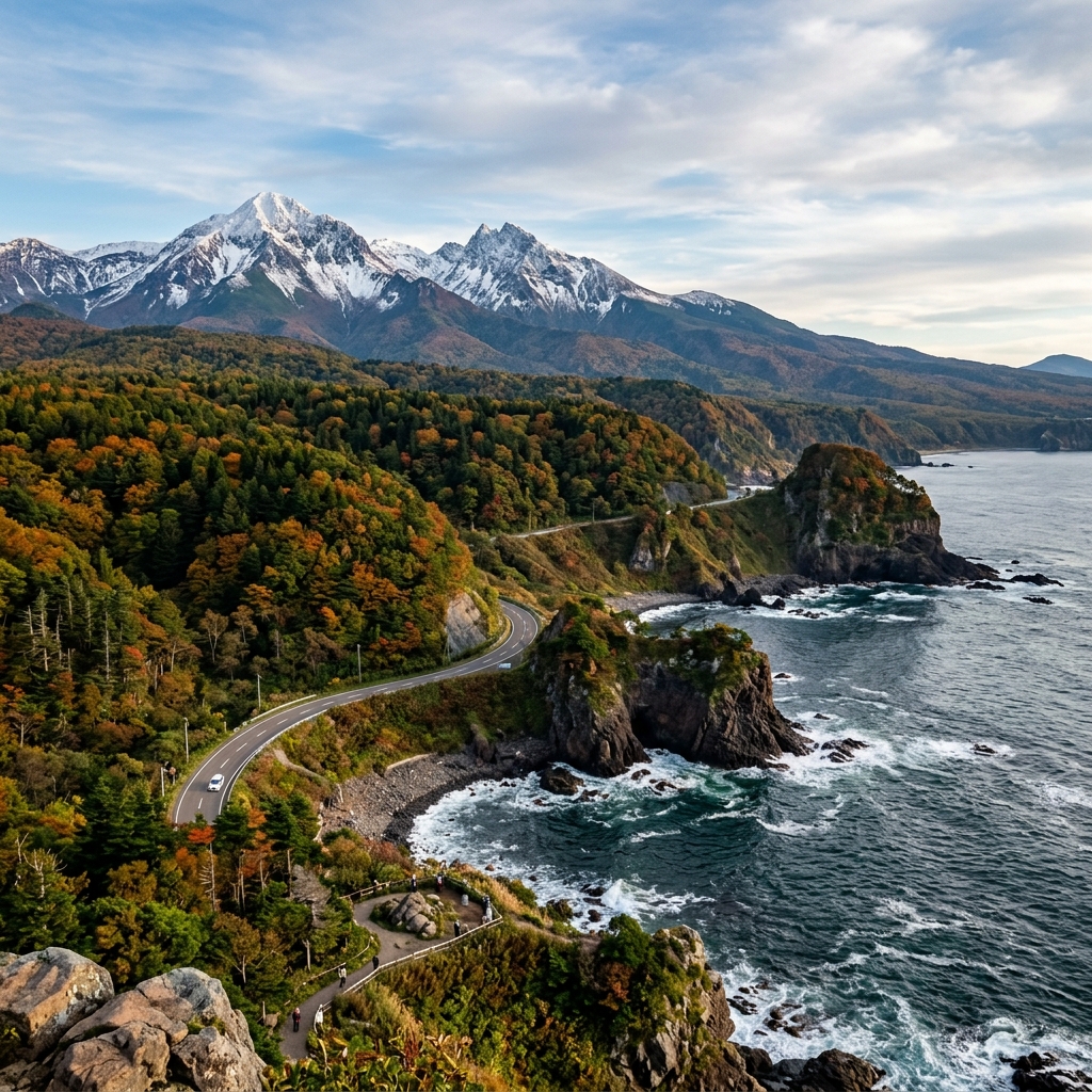 Japan nature landscape with mountains, forest, and coastal views
