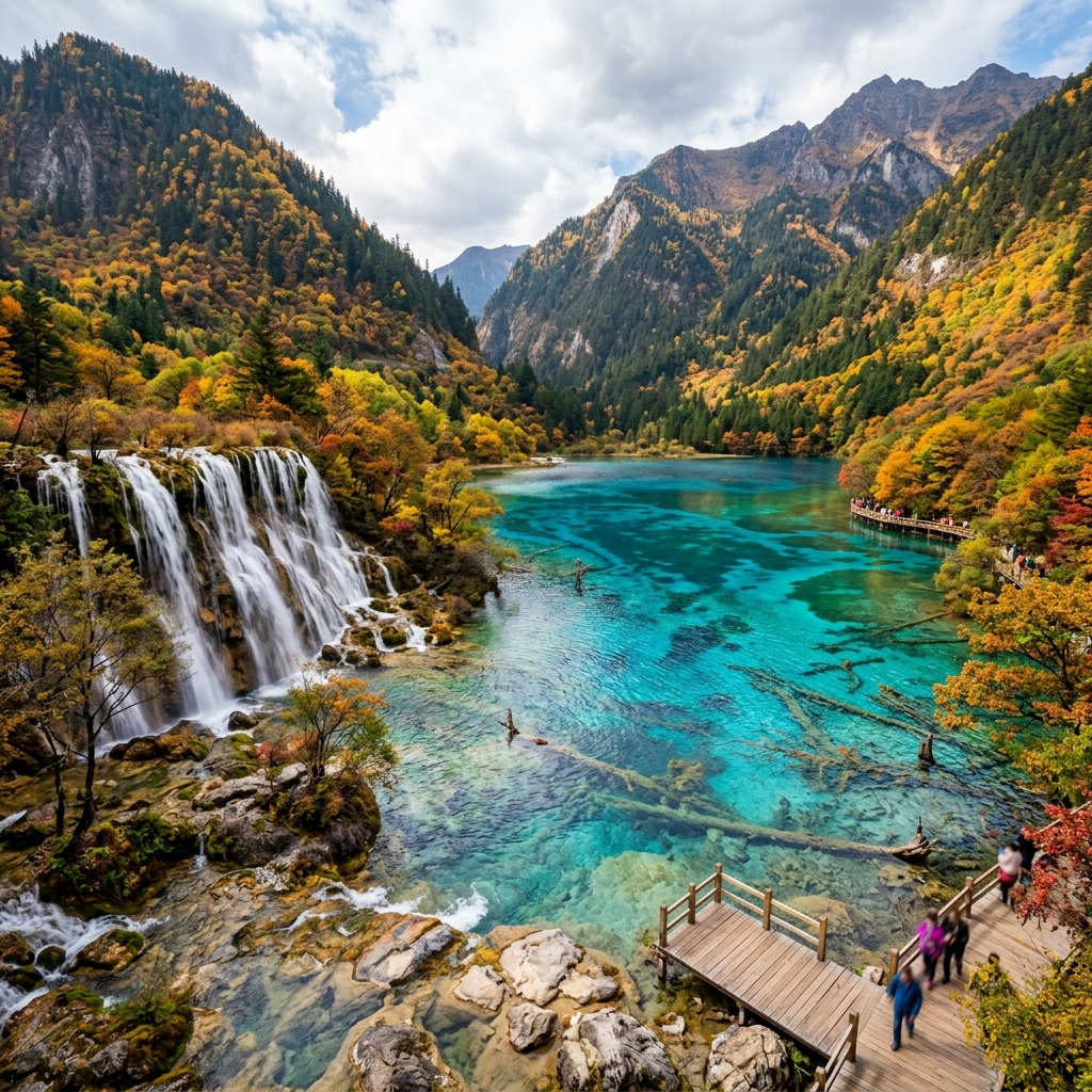 Panoramic view of the Five Flower Lake in Jiuzhaigou Valley, showcasing its vibrant turquoise and emerald colors with surrounding autumn foliage.