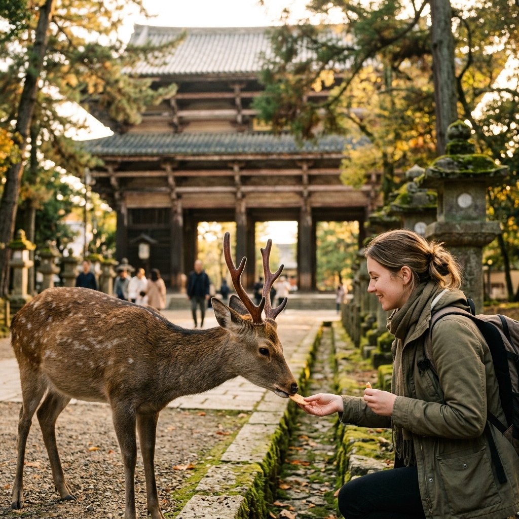 A Sika deer bowing to a traveler in Nara Deer Park