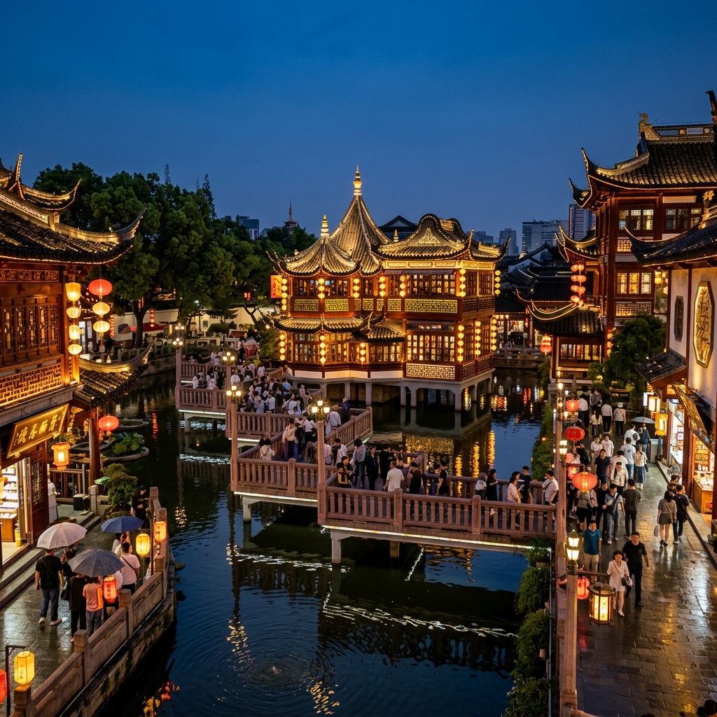 Yuyuan Garden pavilion reflected in the zigzag bridge pond, Shanghai