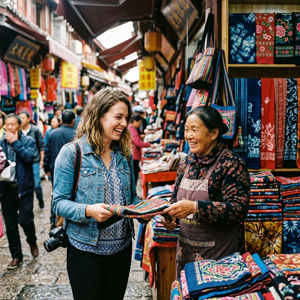 A traveler bargaining politely at a bustling Chinese street market