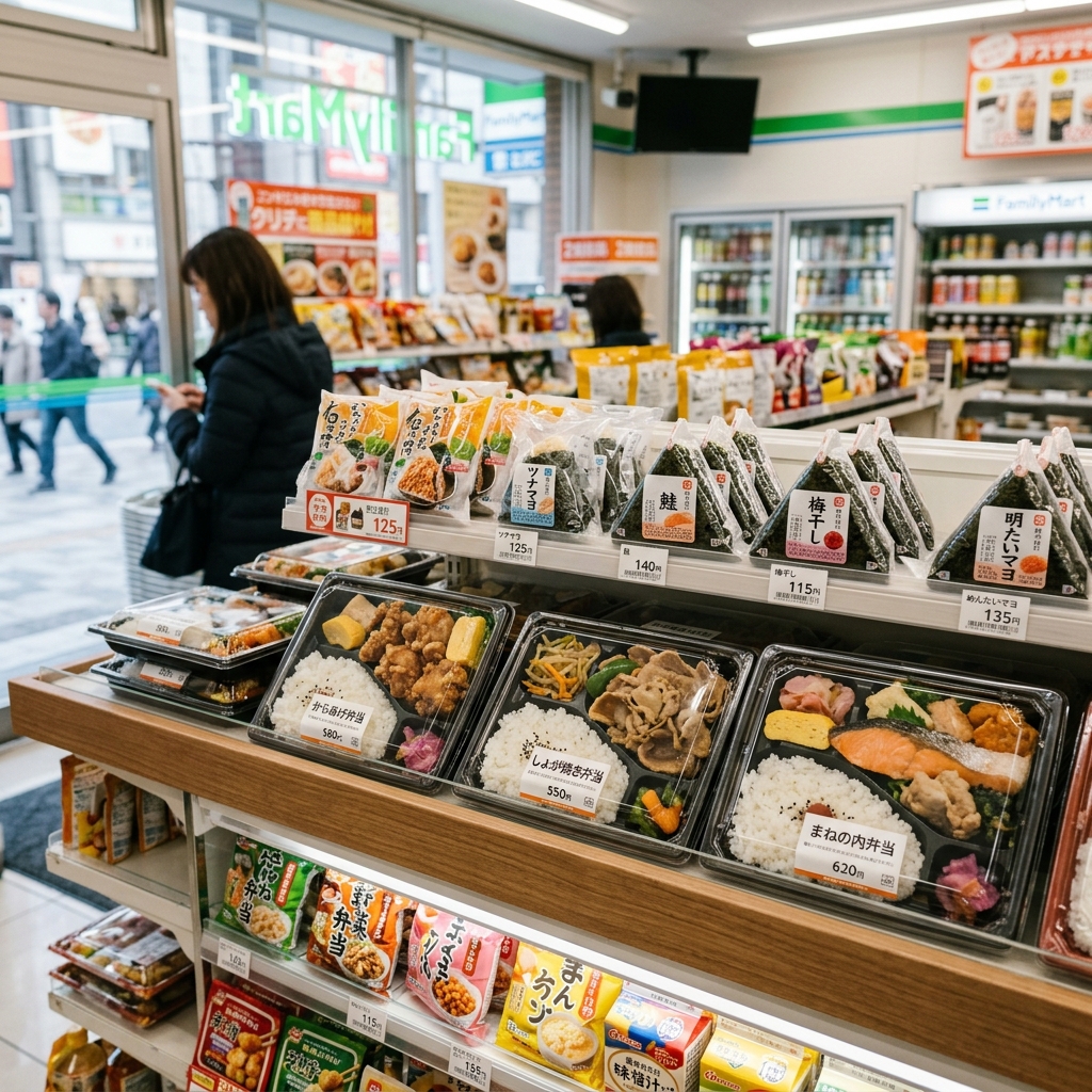 Japanese convenience store food spread with onigiri, bento, fried chicken, and coffee