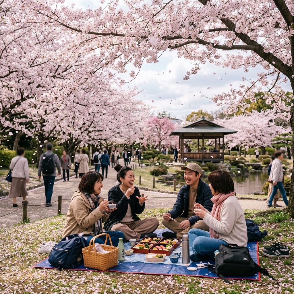 A cherry blossom picnic setup with a picnic mat under blooming sakura trees