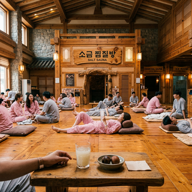 Traditional Korean Jjimjilbang Common Area with Sikhye and Eggs