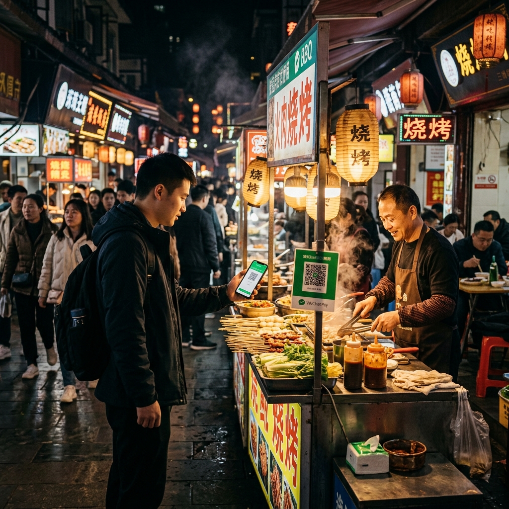 A person holding a smartphone displaying the WeChat Pay QR code, with a blurred Chinese street market in the background.