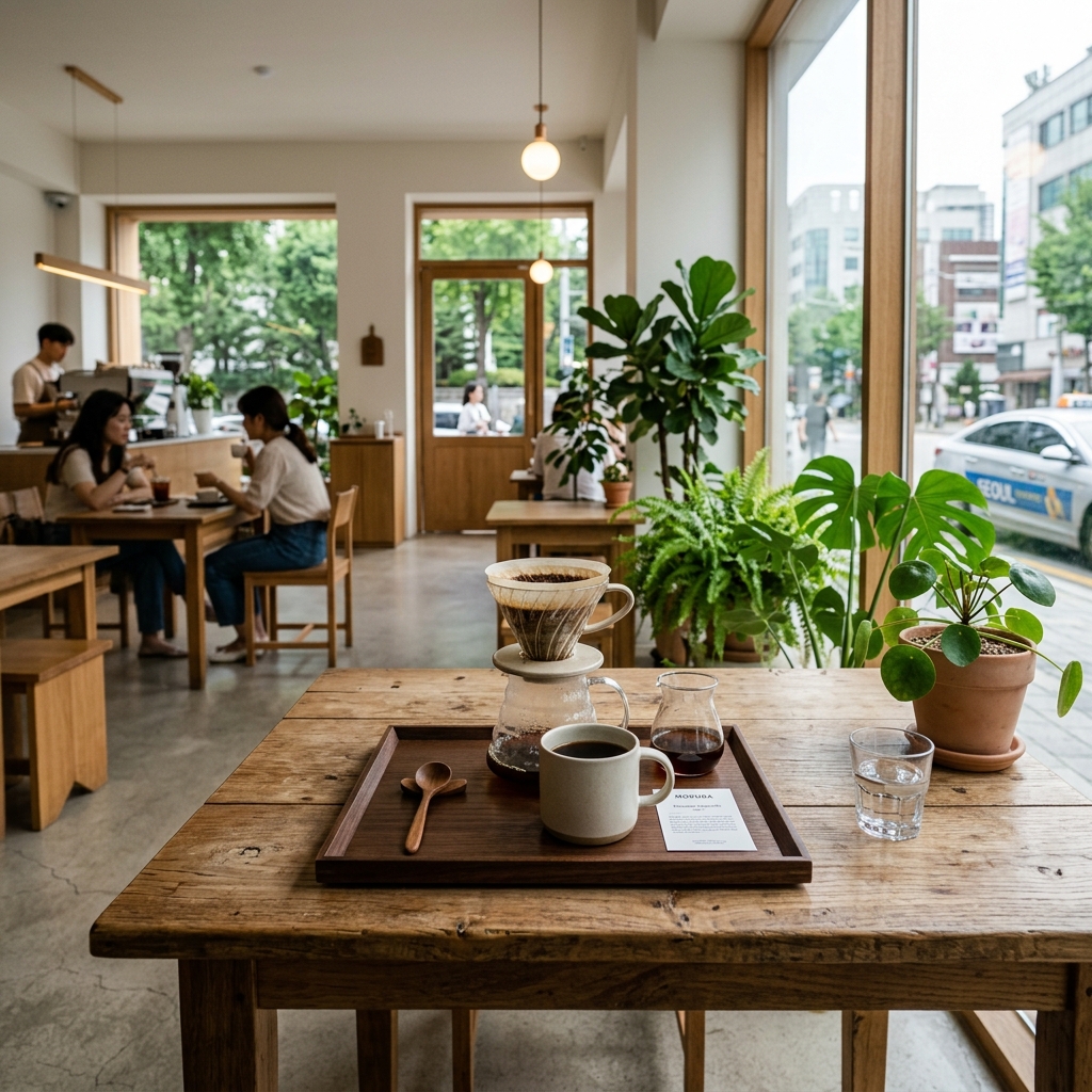 A stylish Korean cafe interior with natural light, minimalist décor, and specialty coffee