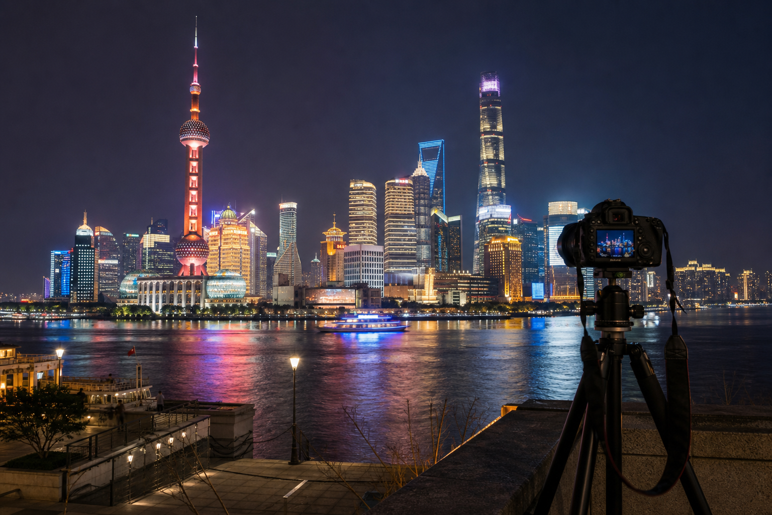 Night view of the Shanghai Bund with illuminated historic facades and skyline reflections across the Huangpu River