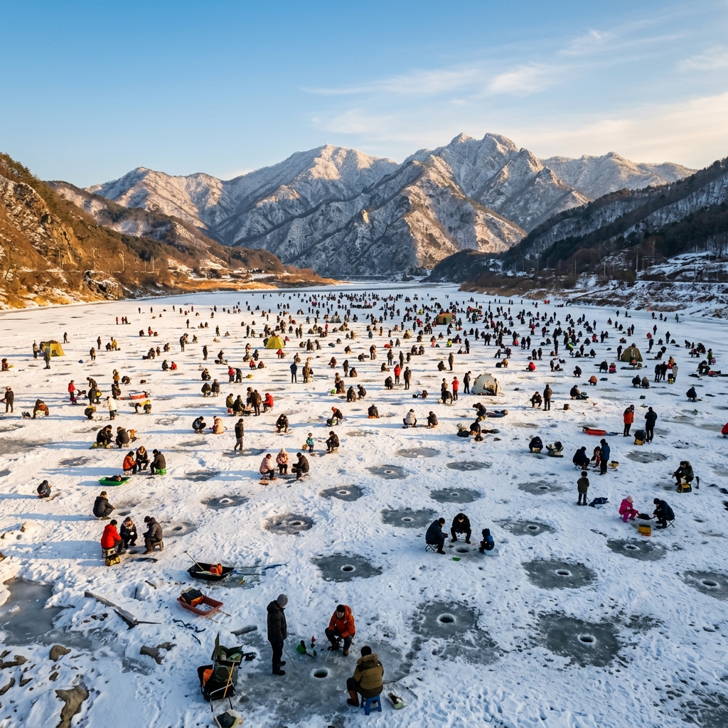 Cinematic wide shot of the Hwacheon Sancheoneo Ice Festival, showing hundreds of people ice fishing on a frozen river against a backdrop of snow-capped mountains