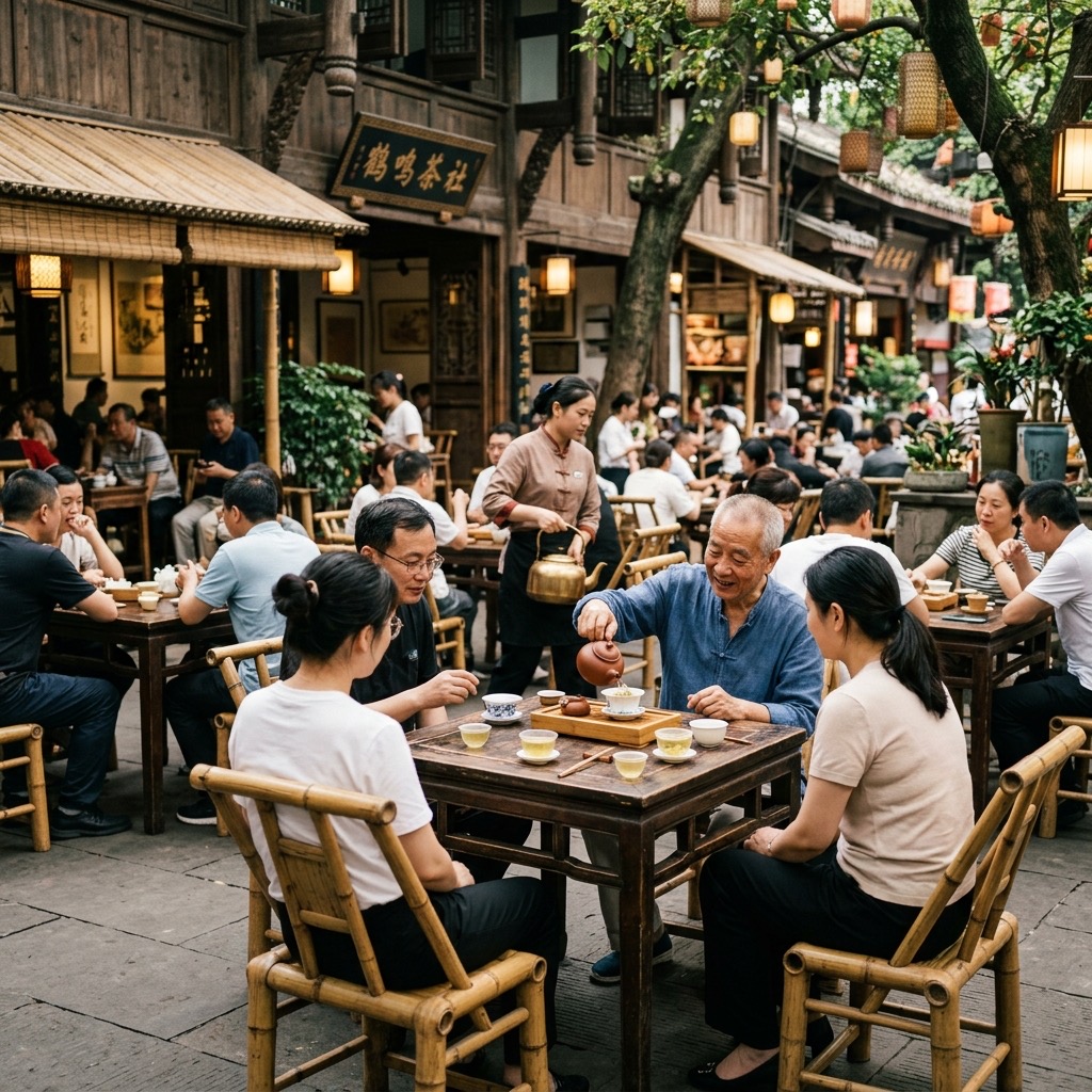 Tea culture in China with a traditional teahouse setting, wooden tables, porcelain cups, and soft natural light