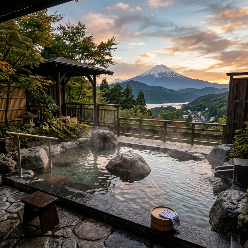 Mount Fuji towering over a serene Hakone lake, with a traditional ryokan in the foreground.