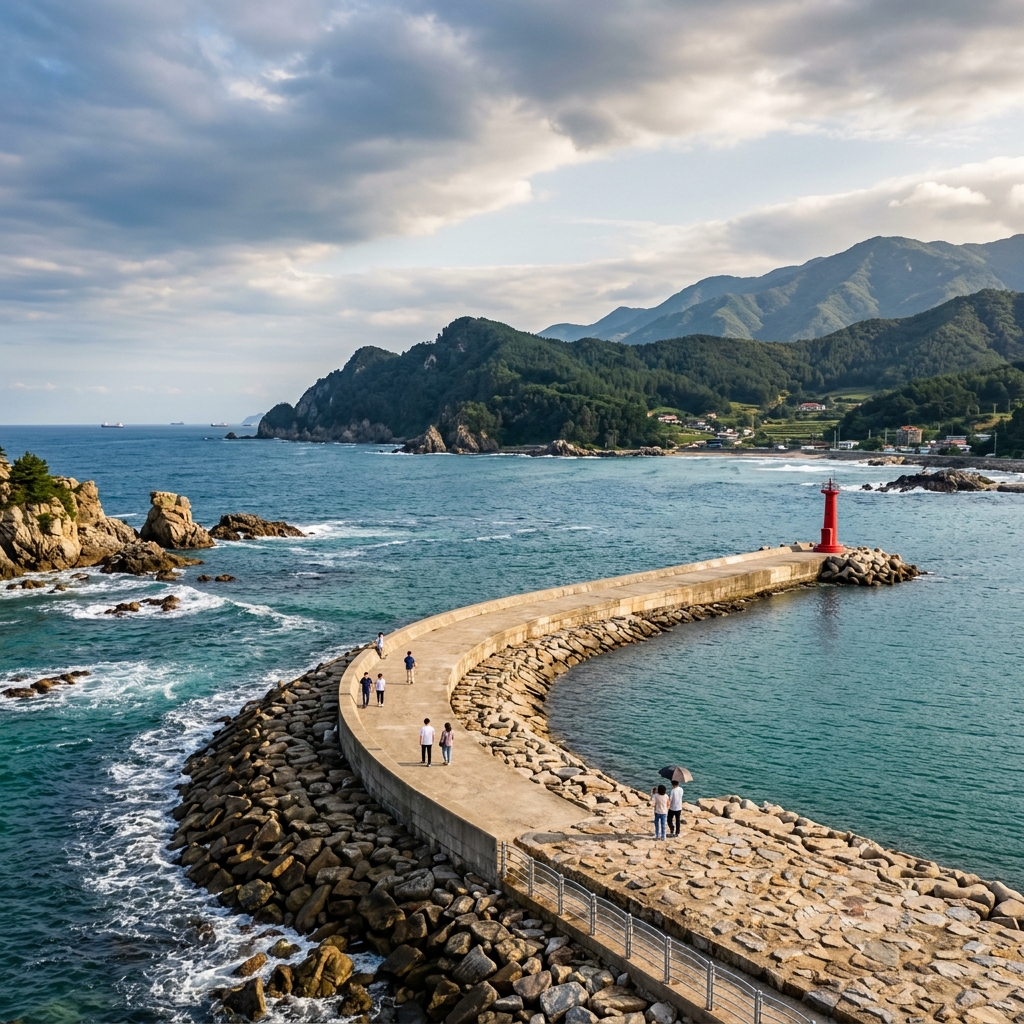 Crash Landing on You and Goblin landmark scenery in Korea, featuring an ocean breakwater with a red lighthouse