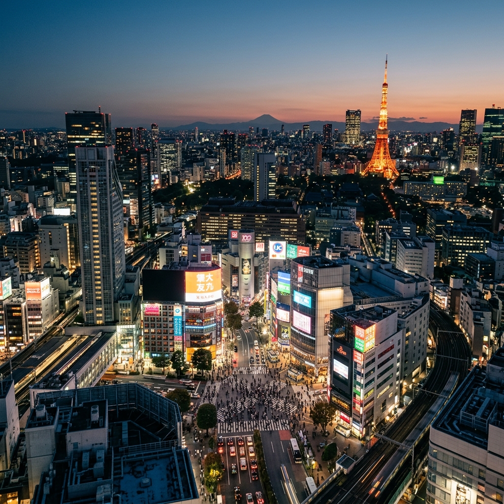 Tokyo skyline at dusk with the Skytree glowing over Asakusa