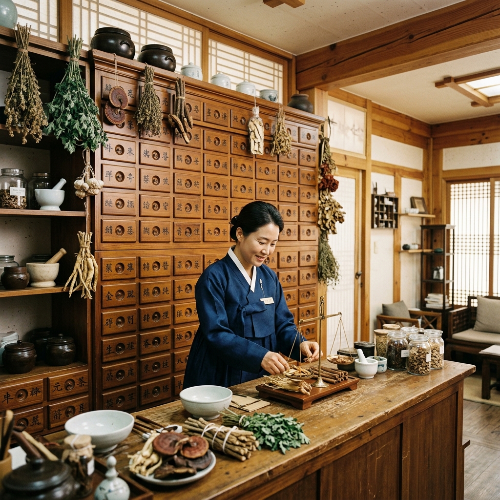 A traditional Korean herbal medicine clinic with an apothecary cabinet
