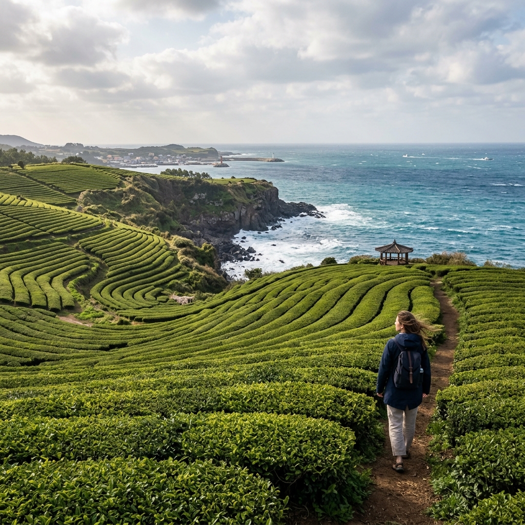 Jeju slow travel itinerary with tea fields and coastal road