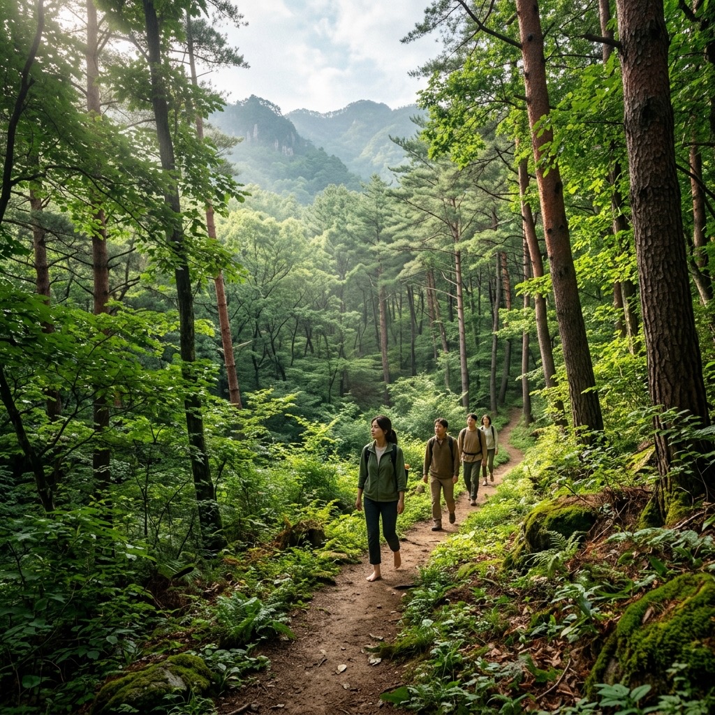 A quiet forest path in Korea with soft light and tall trees