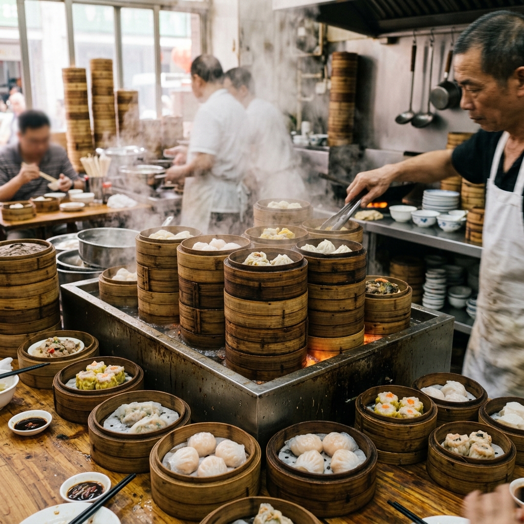A spread of classic dim sum dishes including har gow, siu mai, and char siu bao on a traditional bamboo steamer