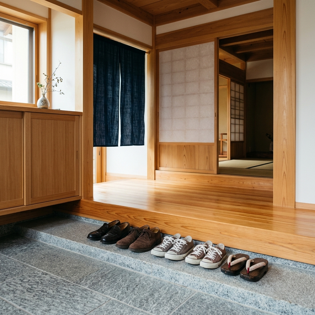 A traditional Japanese genkan entrance with shoes neatly lined up