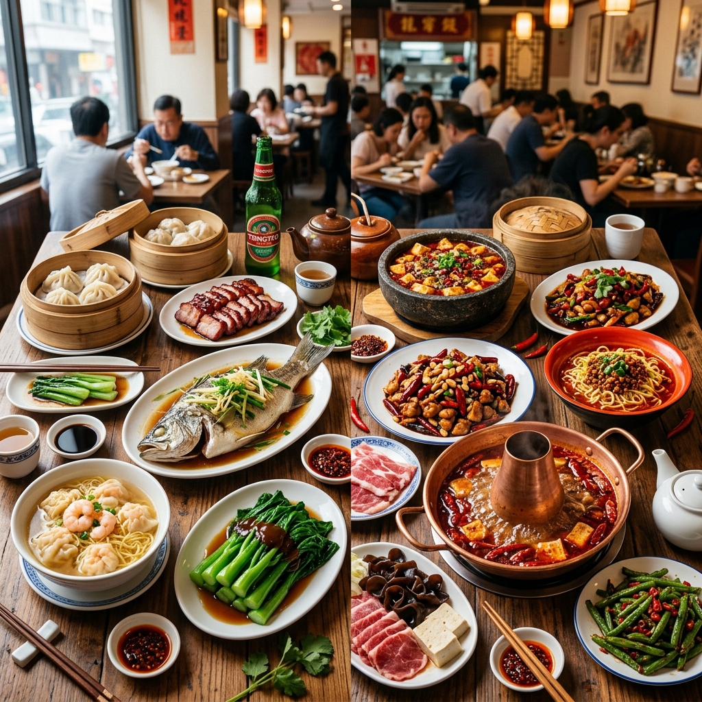 Cantonese steamed seafood platter alongside a fiery Sichuan mapo tofu — two contrasting approaches to Chinese cooking