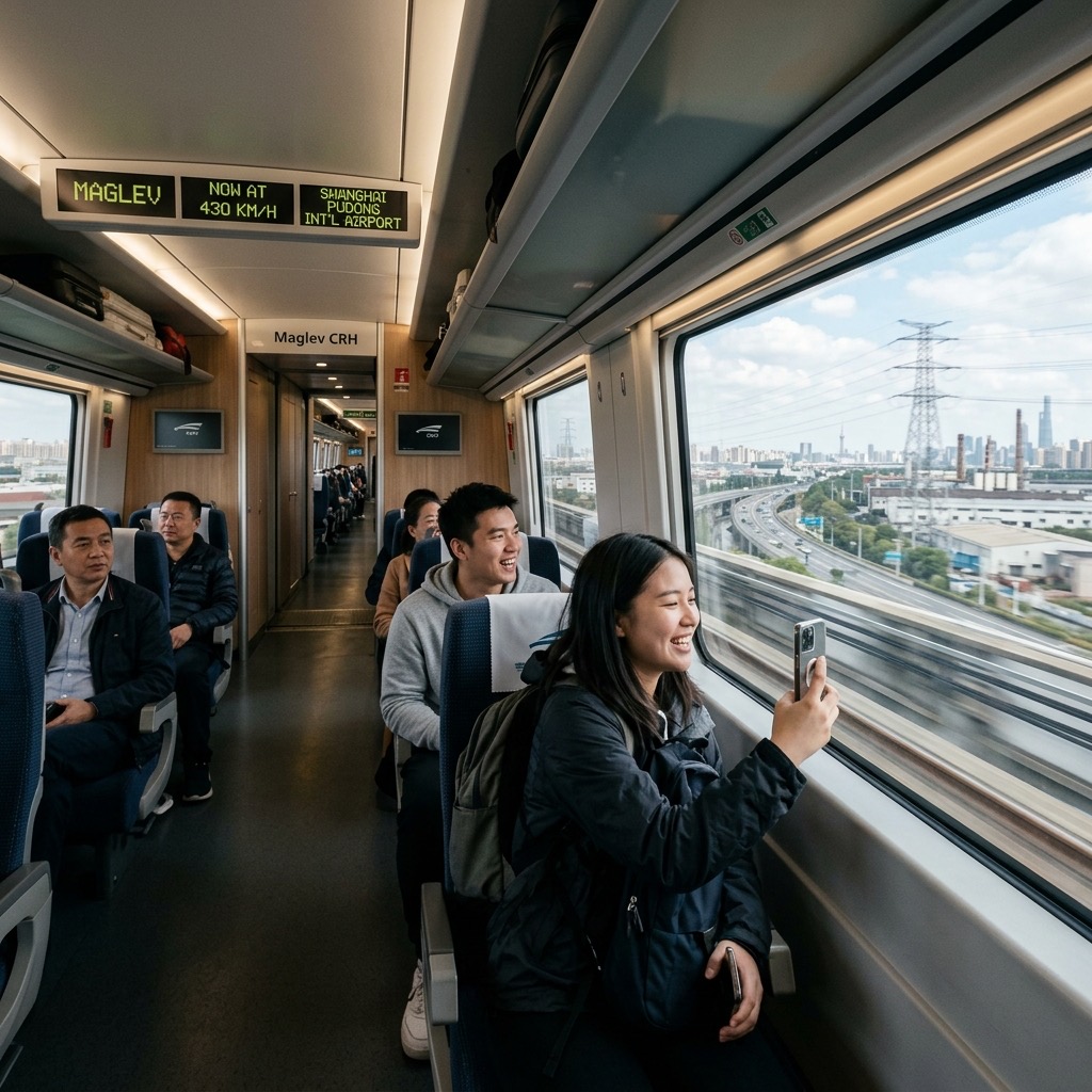 A sleek, futuristic Shanghai Maglev train speeding along its elevated track with the cityscape blurred in the background.