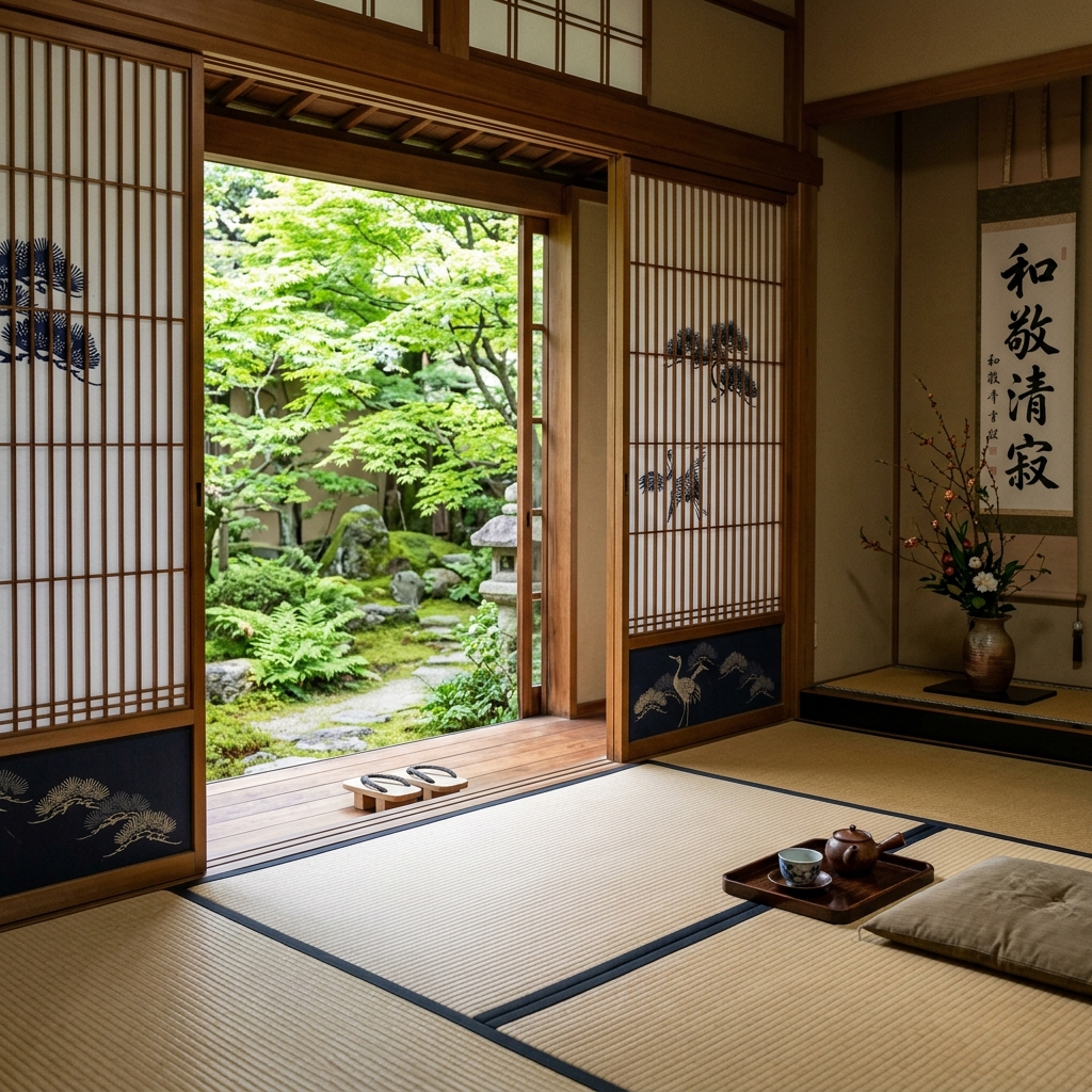 A calm tatami room interior with futon bedding and low furniture