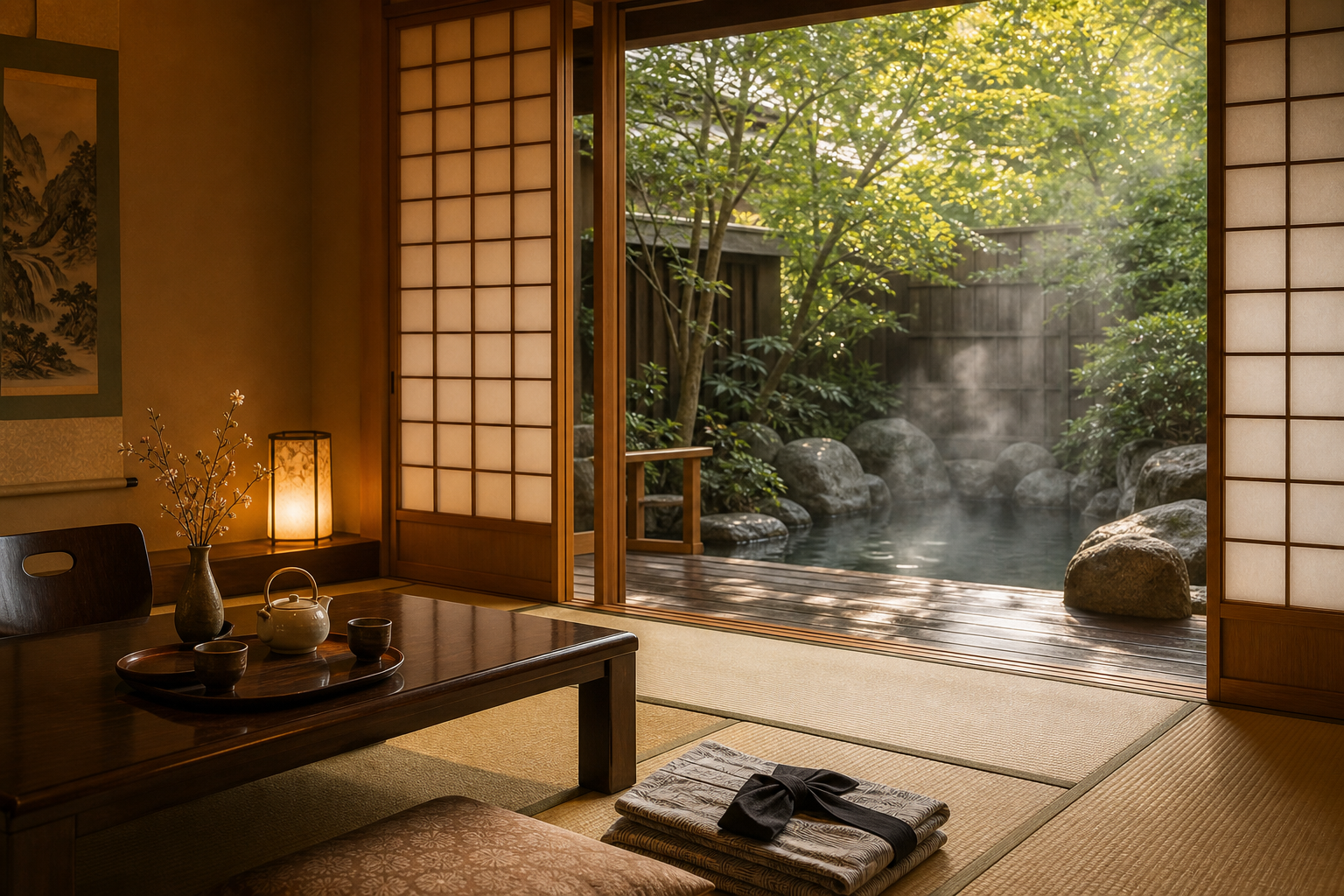 A peaceful Japanese ryokan room with tatami mats, futon bedding, and an indoor bath atmosphere