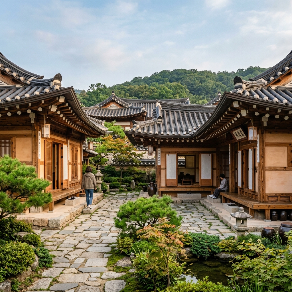 Traditional Korean hanok guesthouse courtyard with clay tile rooflines and wooden gate