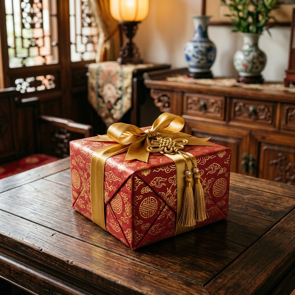 A beautifully wrapped Chinese gift in red and gold