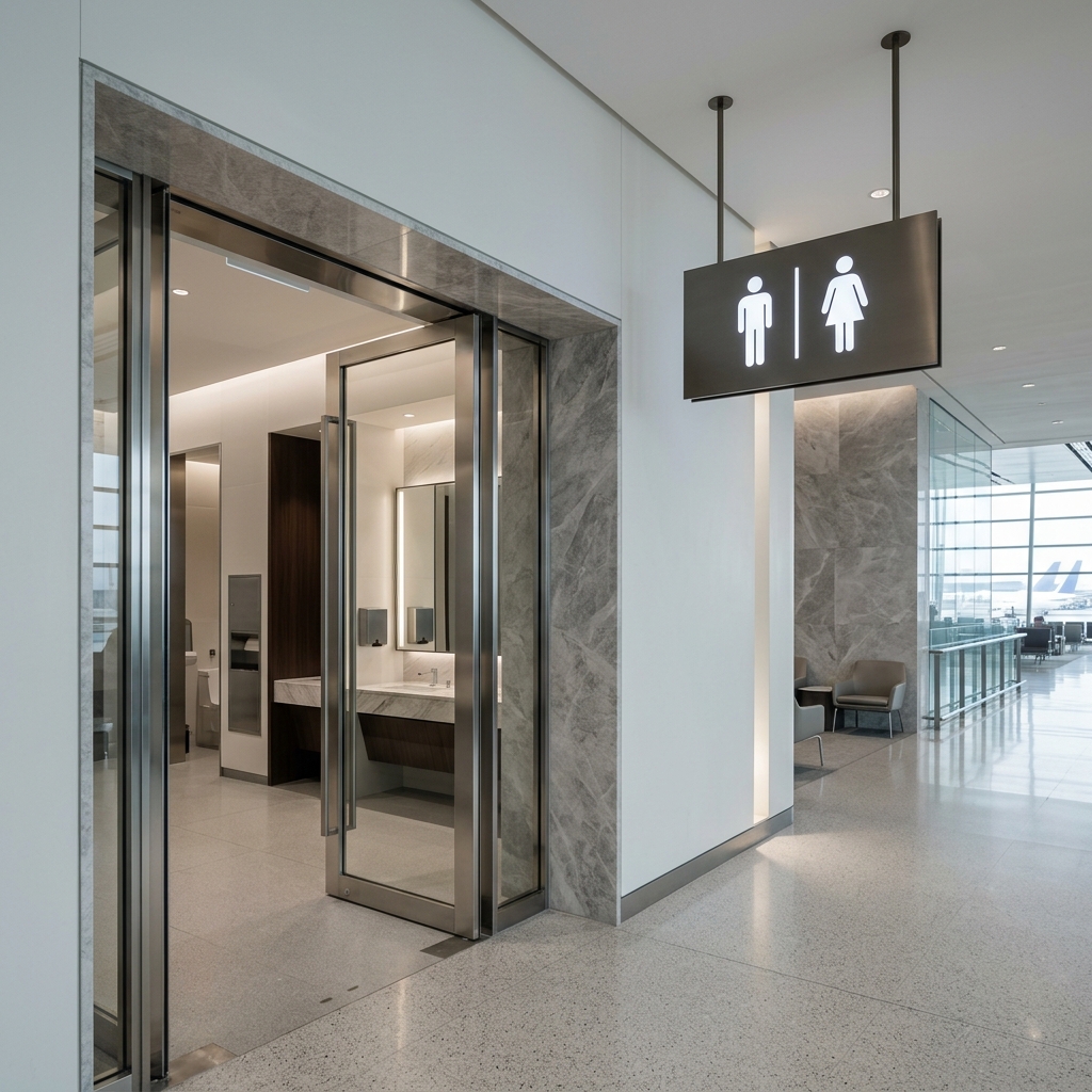 A clean and modern public restroom sign in a Chinese shopping mall