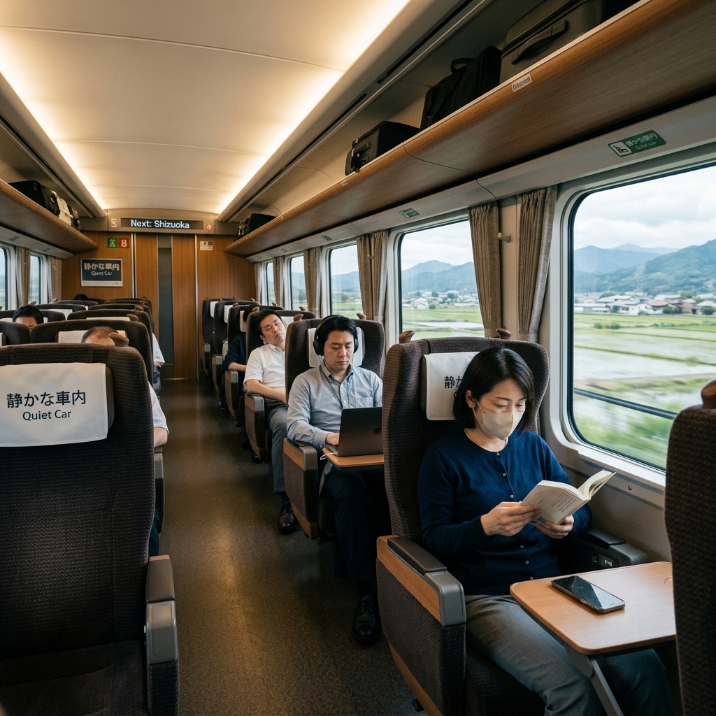 A modern Japanese train interior with priority seating, quiet signage, and a calm travel atmosphere