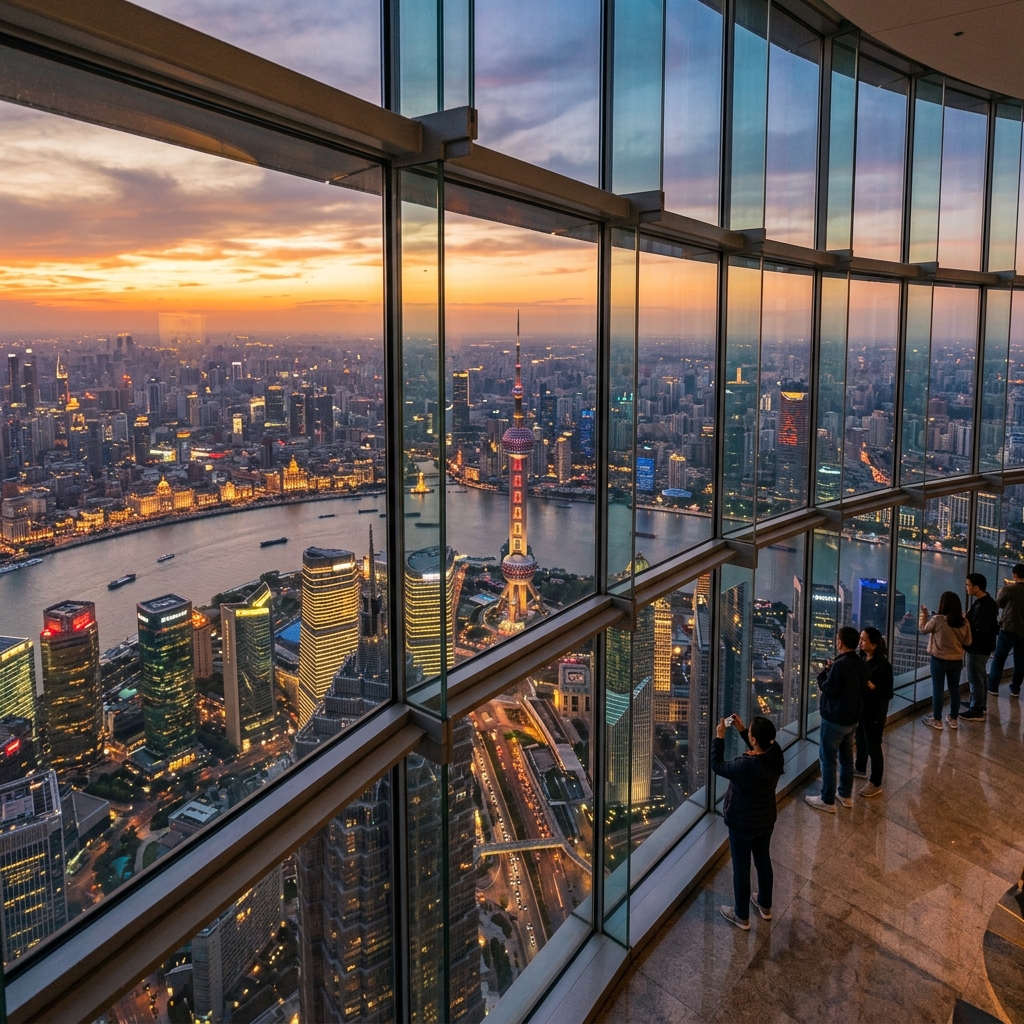Shanghai Tower observation deck view over Pudong skyline at dusk