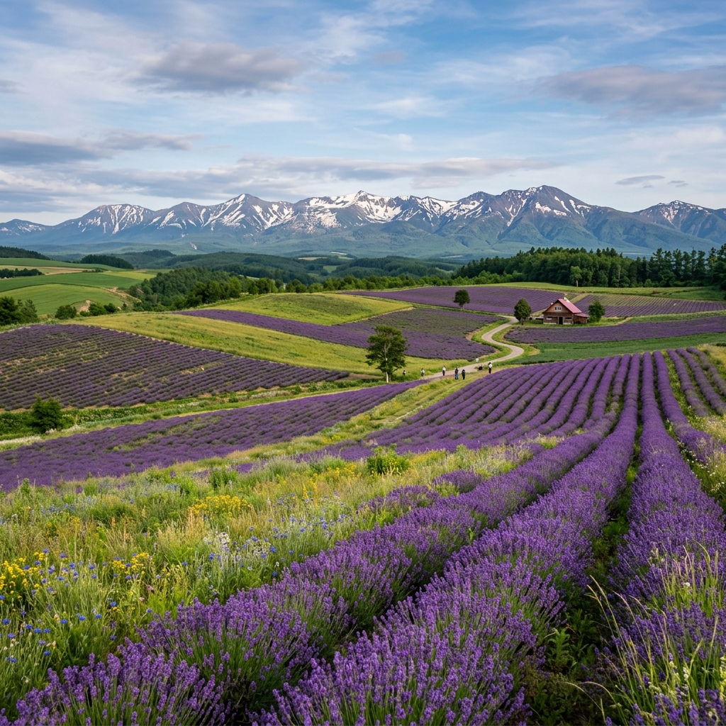 Alt text: A panoramic view of Hokkaido in spring, showcasing cherry blossoms in full bloom with snow-capped mountains in the background, hinting at the transitional beauty of the season.