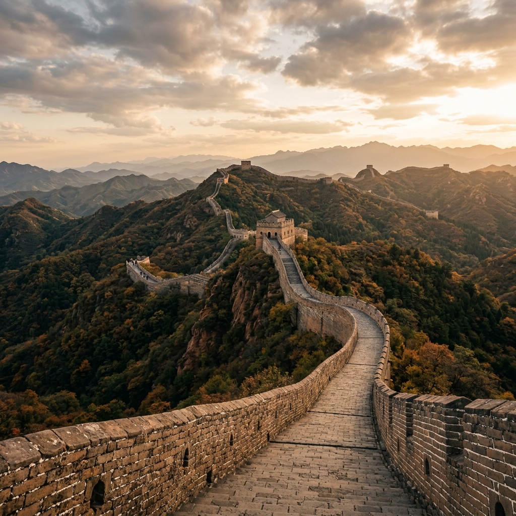 Great Wall of China stretching across misty ridgelines at sunrise
