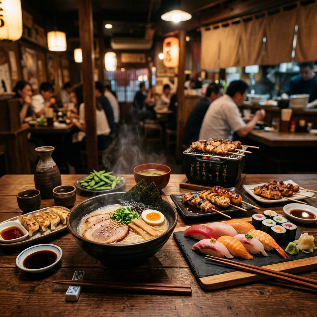 A spread of Japanese food: ramen, sushi, and yakitori skewers on a wooden table