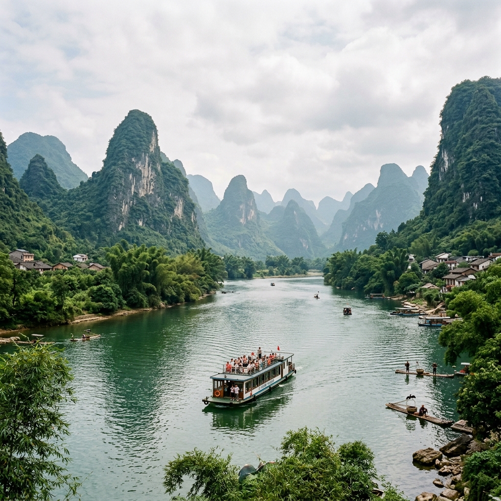 Li River Cruise from Guilin to Yangshuo, showcasing karst mountains and a cruise boat
