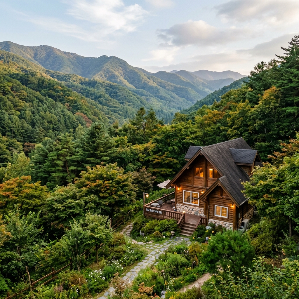 Peaceful pension cabin surrounded by pine trees in Gangwon-do, South Korea