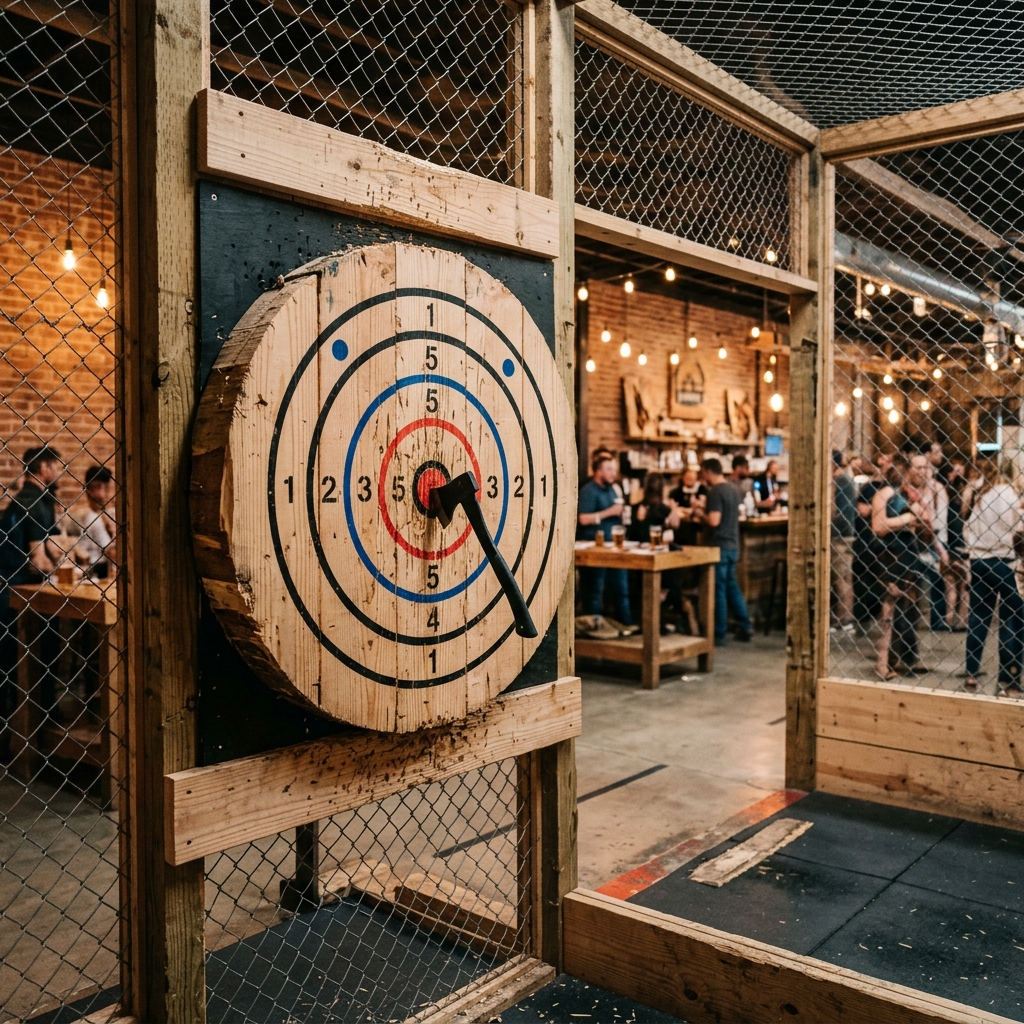 Alt text: A group of friends laughing while attempting axe throwing, with another group intensely solving a puzzle in an escape room setting, all in a modern Seoul urban backdrop.