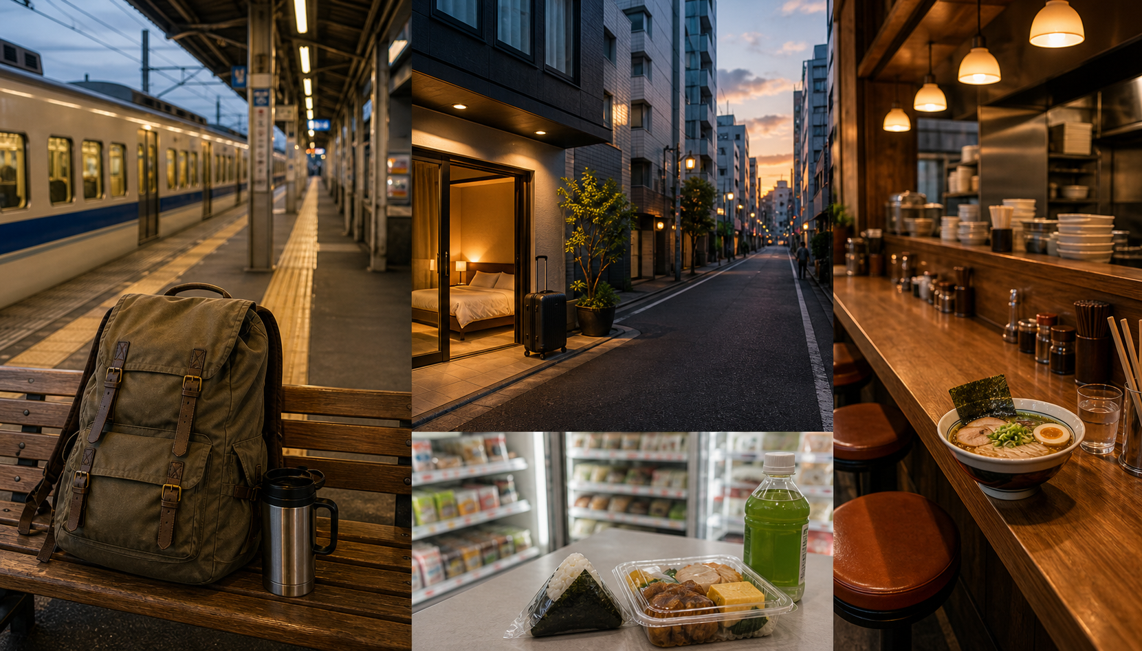 A practical budget travel scene in Japan with trains, convenience stores, and capsule-style stays