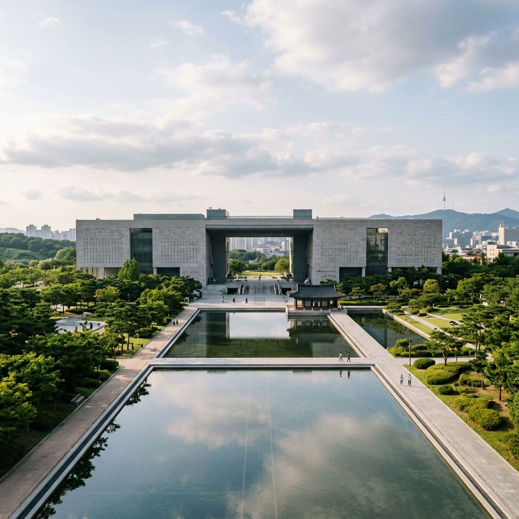 National Museum of Korea exterior with people entering