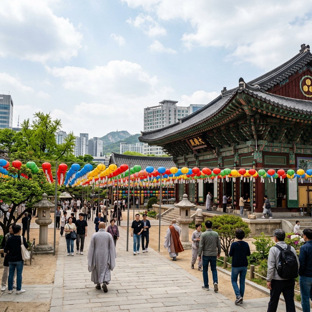 Jogyesa Temple Seoul main gate and Daeungjeon hall with lotus lanterns
